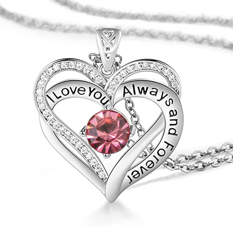 Mothers Day Gift I Love You Always And Forever Crystal Heart Pendant Necklace Birthstone Necklaces - JM Shop Line