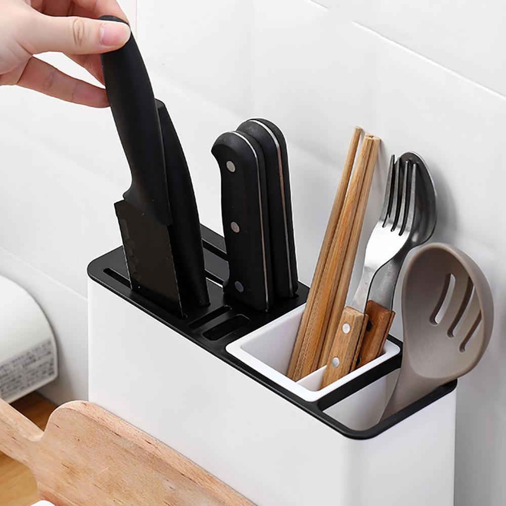 Plastic storage rack for kitchen tableware and knives, designed for convenience. This kitchen gadget helps organize utensils and knives in a cabinet, maximizing space and ensuring easy access.