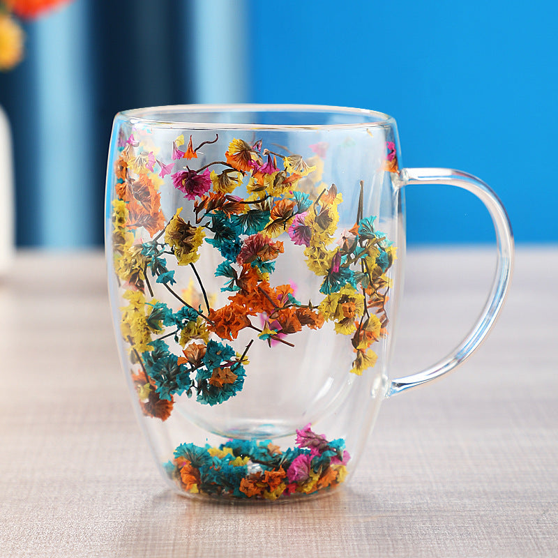 Kuivakukkien kaksikerroksinen lasikuppi Real Flower Cyber ​​Celebrity Style Quicksand Cup