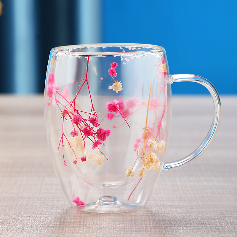 Dried Flower Double Layer Glass Cup Real Flower Cyber Celebrity Style Quicksand Cup