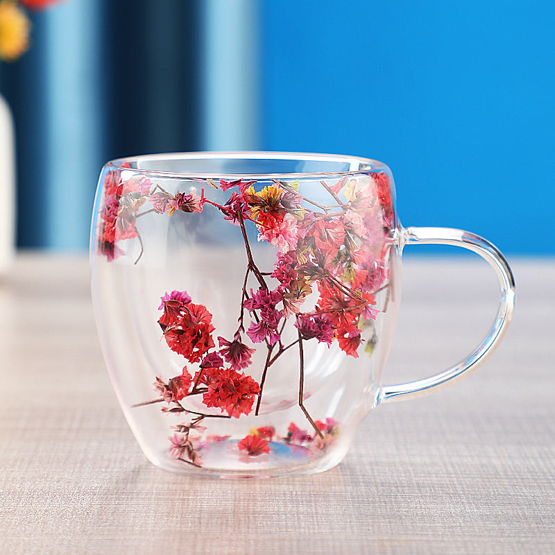 Kuivakukkien kaksikerroksinen lasikuppi Real Flower Cyber ​​Celebrity Style Quicksand Cup