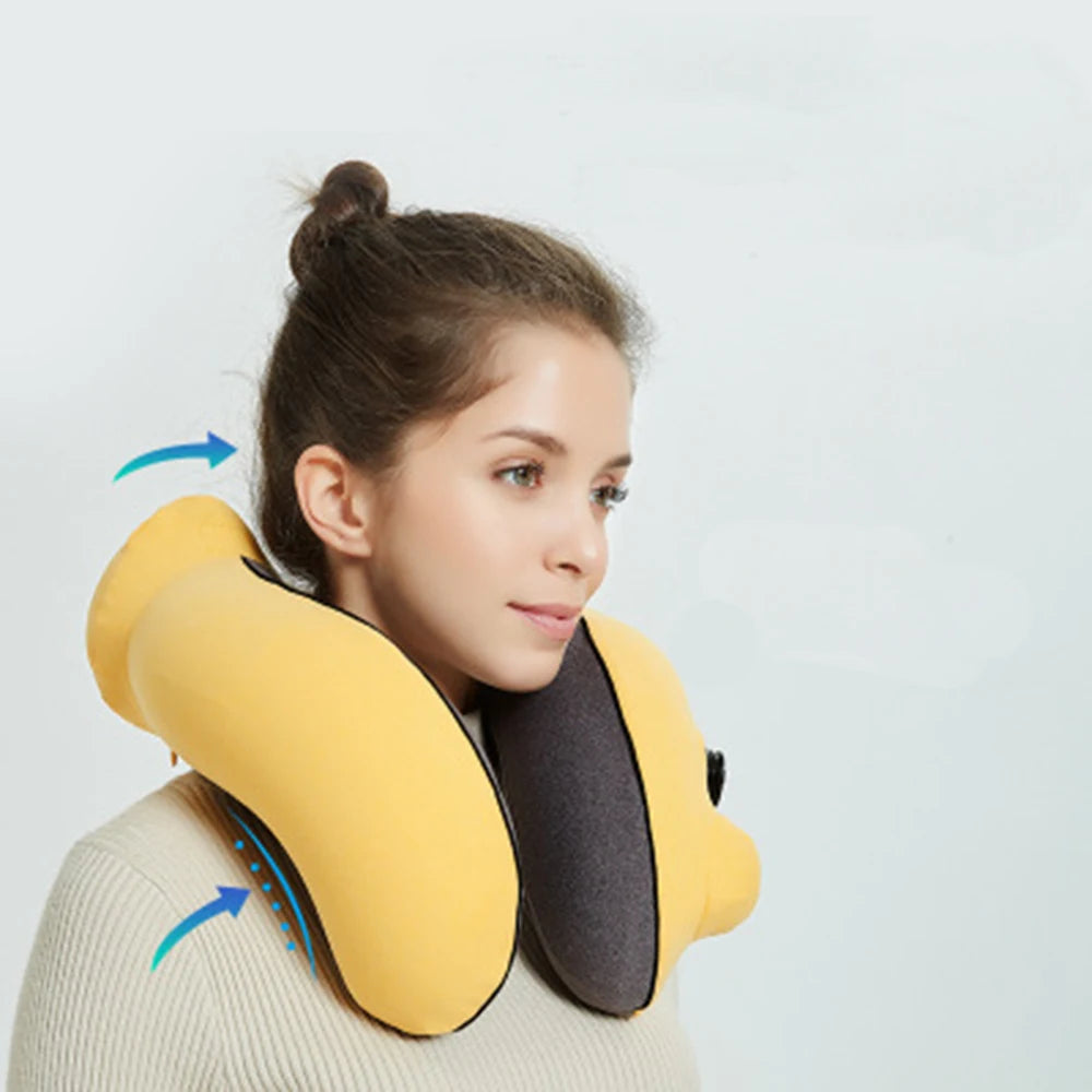 U-Shape Inflatable Travel Neck Pillow – Soft Flannelette Air Cushion for Car, Plane & Train