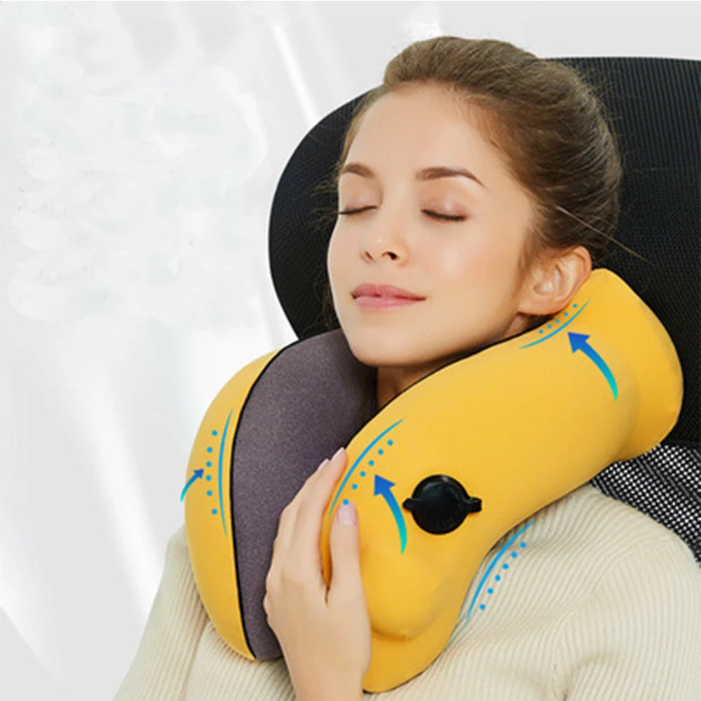 U-Shape Inflatable Travel Neck Pillow – Soft Flannelette Air Cushion for Car, Plane & Train
