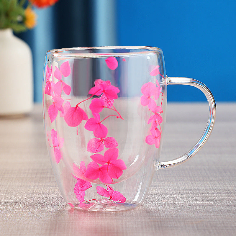 Dried Flower Double Layer Glass Cup Real Flower Cyber Celebrity Style Quicksand Cup